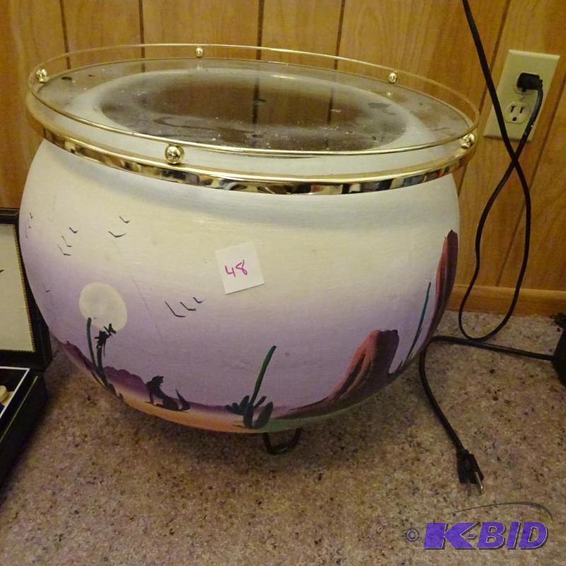 ceramic plant pot on mural stand. Glass top s...