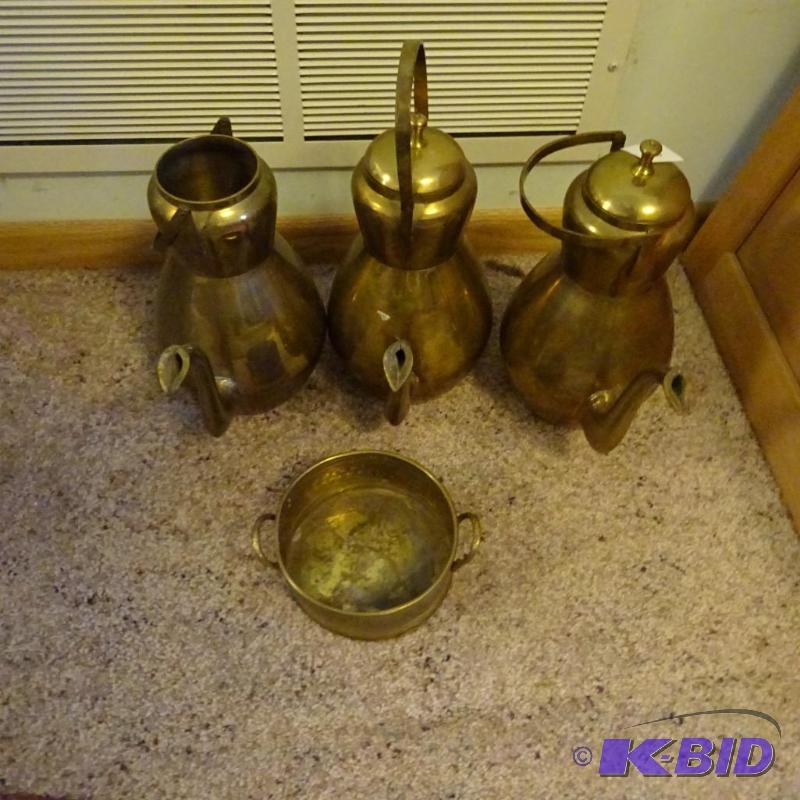 3 brass tea pots. brass can...