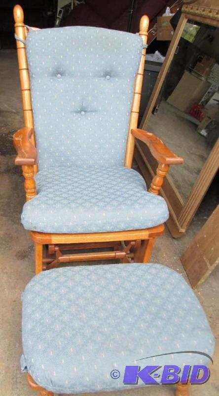 Solid oak chair with footrest, blue upholstry...