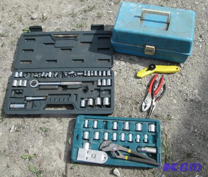 mixed lot of tools and fishing box with tacke...