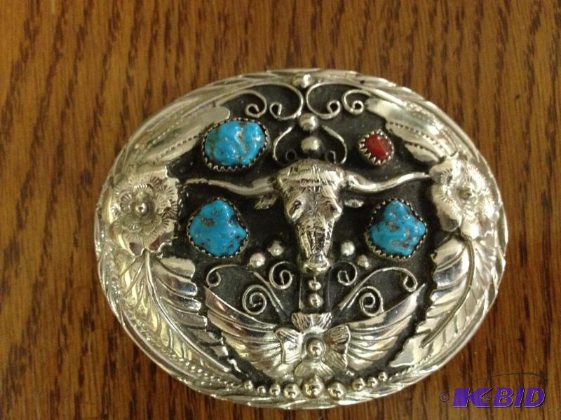 lot 157 image: Ornate Belt Buckle with Turquoise and Red Jas...
