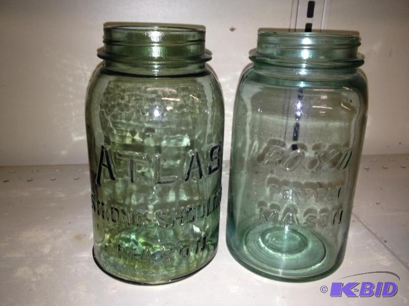 lot 69 image: Antique Green Glass Mason Jars  Excellent con...