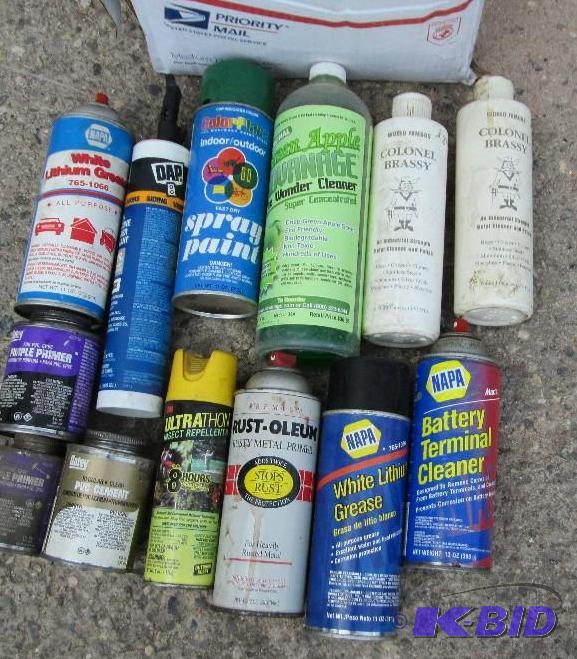 Assorted cans of shop supplies, partially use...