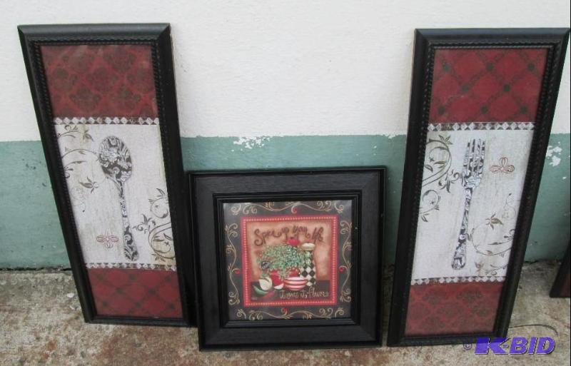 lot of 3 decorative pictures, fork, spoon, an...