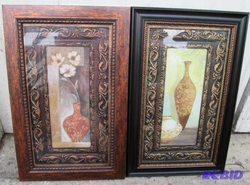 set of 2 framed pictures, flowers in vases, 1...