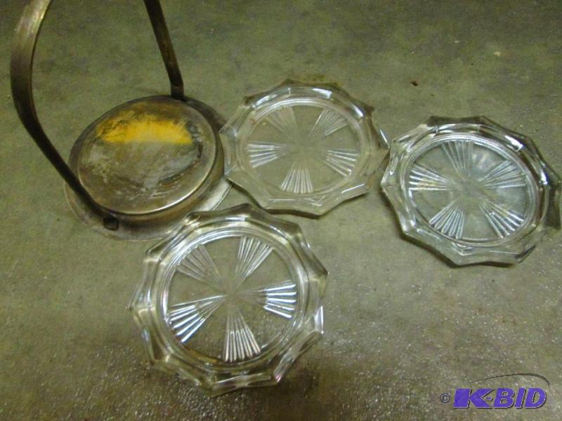 lot 208 image: 3 glass coasters in metal holder...