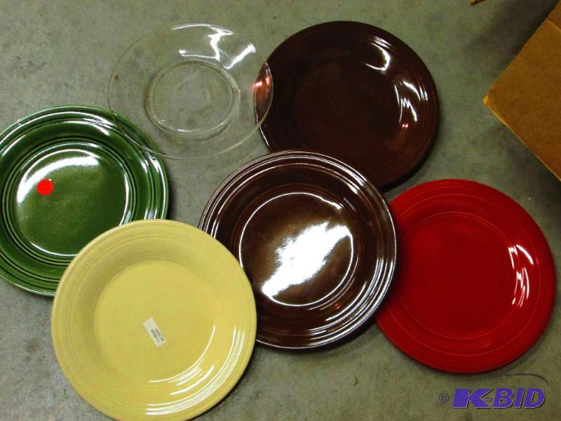 lot 210 image: Etched clear glass plate and ceramic plates b...