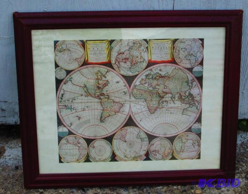lot 236 image: Nice matted globe print, 19 x 23 inch glass f...
