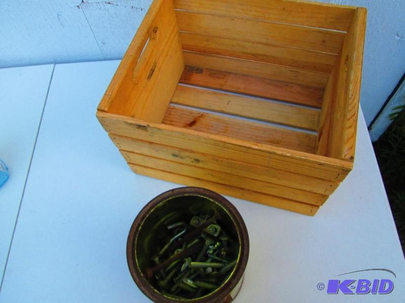 lot 68 image: Wooden box with a bucket of bolts...