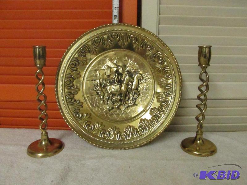 lot 68 image: A Pair of Candle Holders and A Metal Plate.
