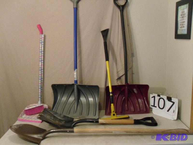 lot 107 image: 2 Snow Shovels, Ice Scraper, 2 Shovels, and S...