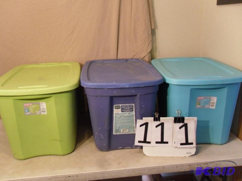 lot 111 image: 3 (18 gallon) Totes with Lids. Need to be wip...