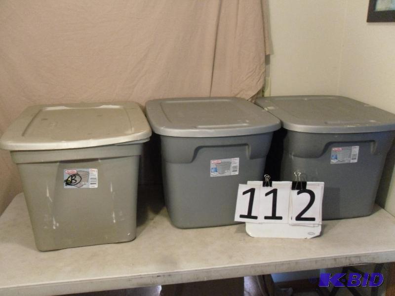 lot 112 image: Lot of 3 (18 Gallon) Totes with Lids. Need to...