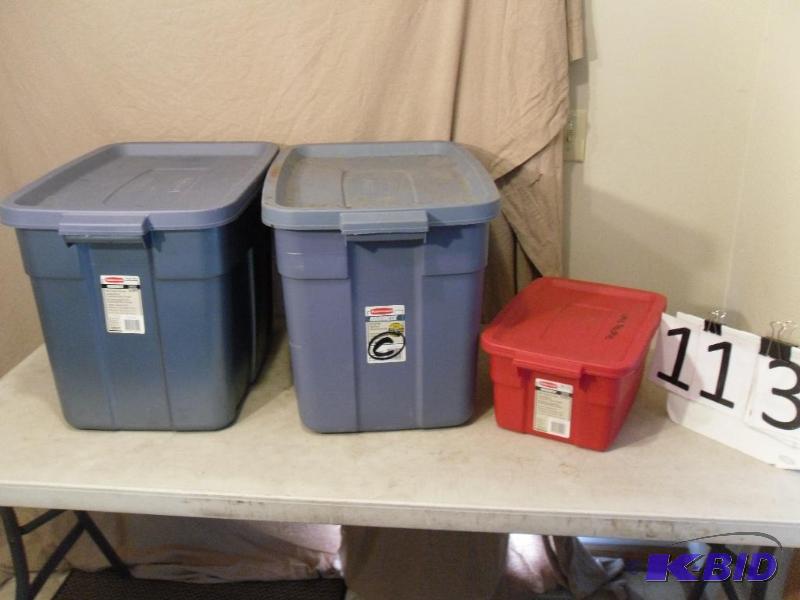 lot 113 image: Lot of 3 Assorted Totes with Lids. 1 is a 3 g...