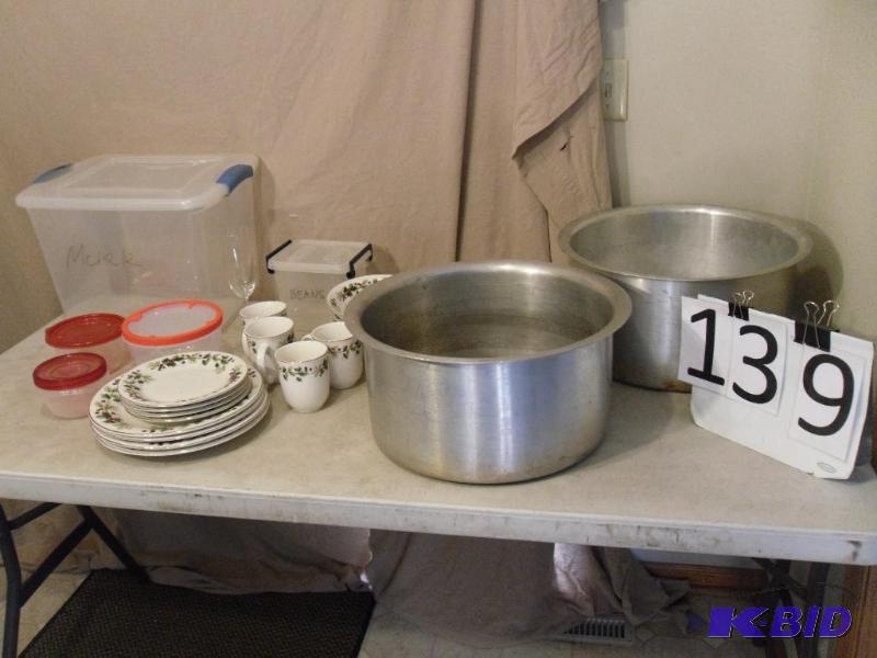 lot 139 image: Large Aluminum Pots, Christmas Dishes, Tote w...