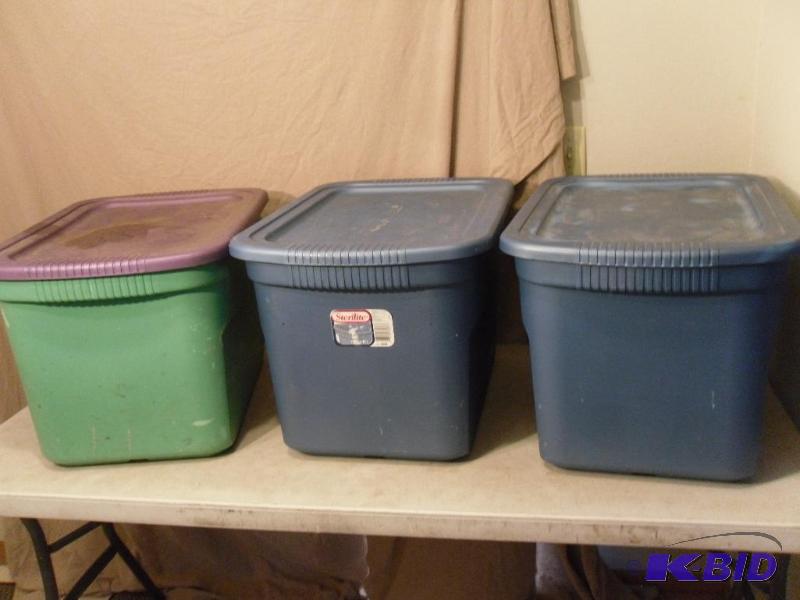 lot 145 image: Lot of 3 Totes with Lids. All are 18 Gallons....