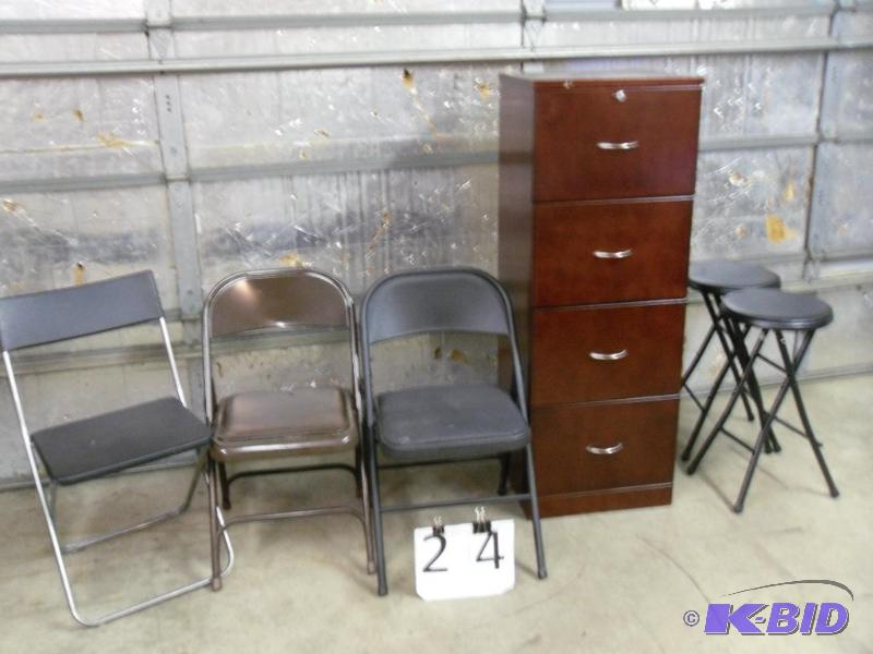 lot 24 image: Two Folding Black Metal Stools, 3 Assorted Fo...