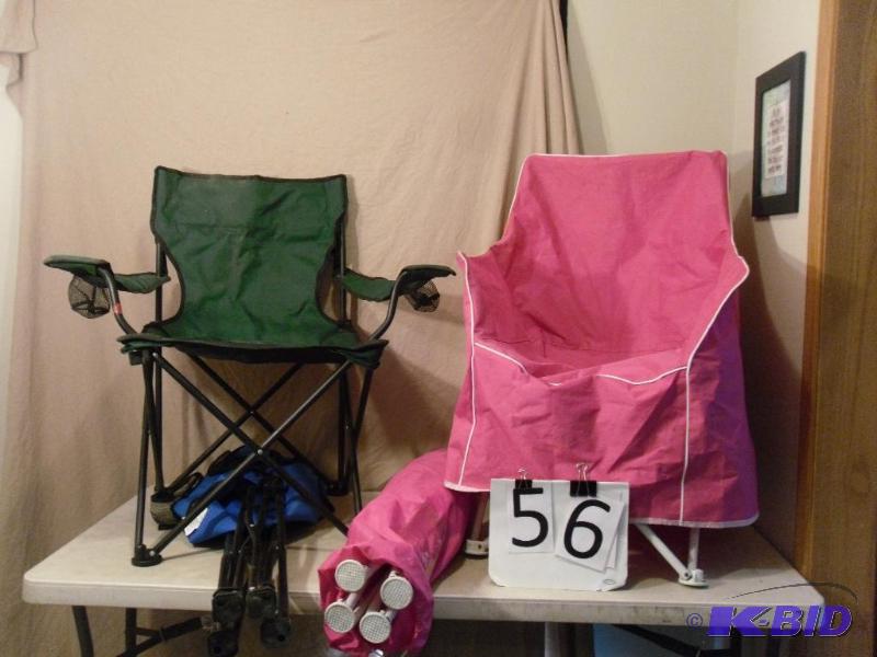 lot 56 image: Lot of 4 Folding Chairs. 2 Pink, 1 Blue, and ...