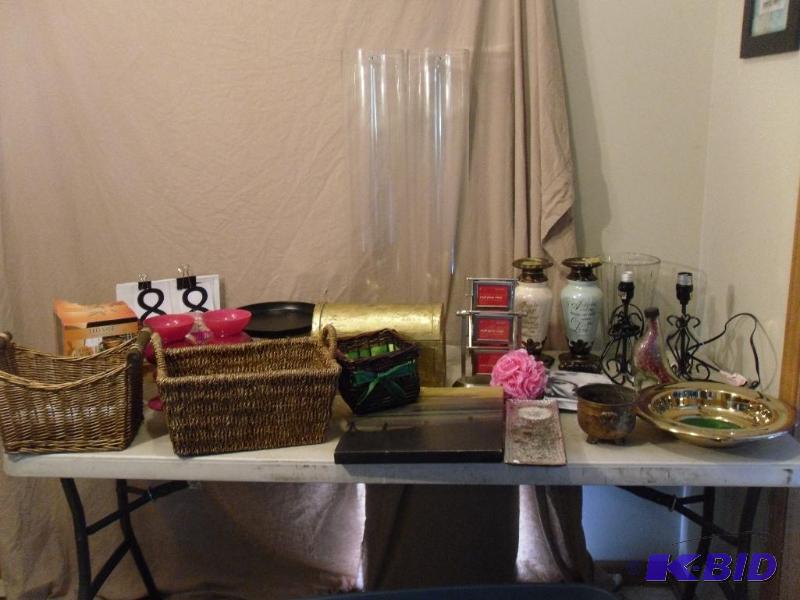 lot 88 image: 2 Large Clear Vases, Baskets, Pictures, Pictu...