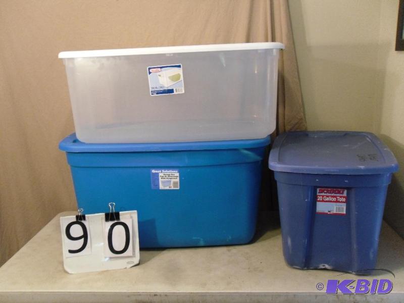lot 90 image: Lot of 3 Assorted Totes with Lids. 20 Gallon,...