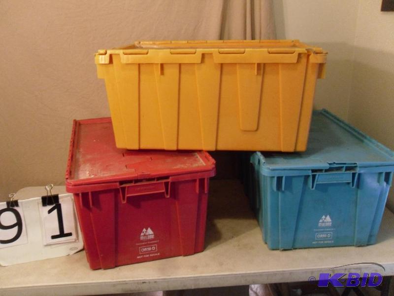 lot 91 image: Lot of 3 Totes with Hinged Lids. All need to ...