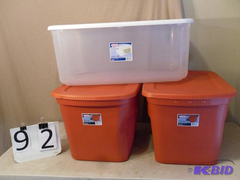lot 92 image: Lot of 3 Assorted Totes with Lids. 106 qt and...
