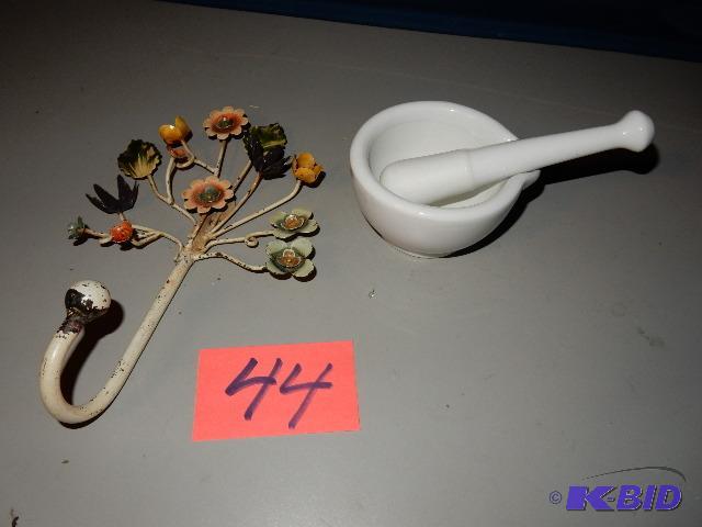Old Floral Coat Hook, Mortar and Pestle