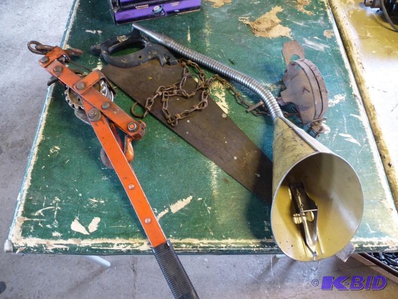 Box# 64 Cable winch Oil funnel Trap Hand saw ...