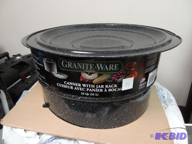 lot 21 image: NEW Granite-Ware 33 qt Canner with Jar Rack. ...