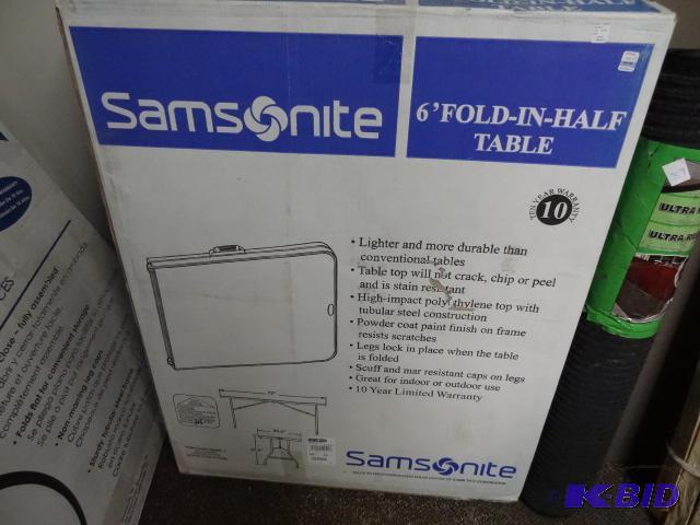 lot 34 image: NEW Samsonite 6 ft Fold In Half Table w 10 y...