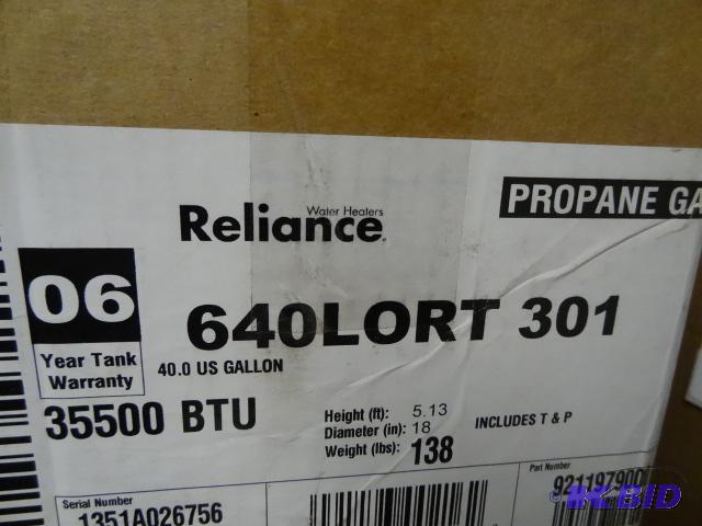 lot 6 image: NEW in Box Reliance Water Heater, Propane Gas...