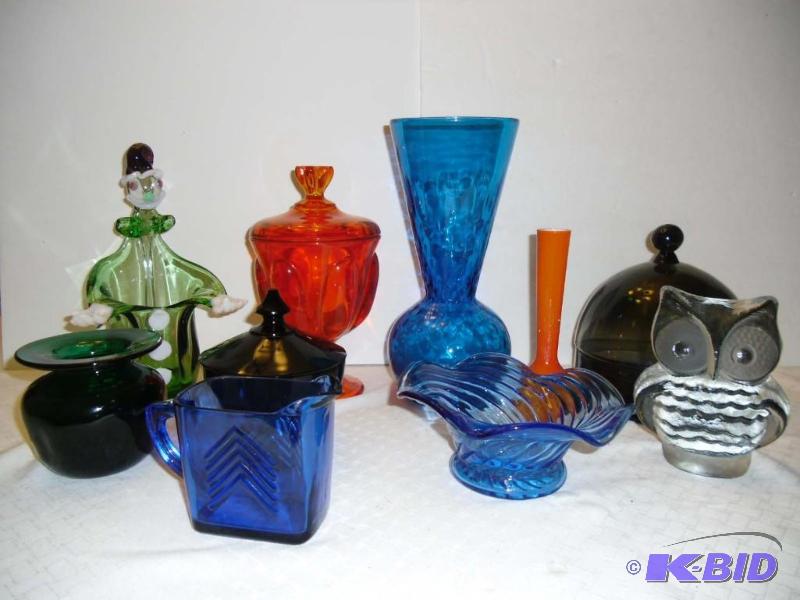 lot 20001 image: Bright Blue & Orange Glassware  Viking Owl, Hand blown Clown Bowl, Domed Dish Vintage & Newer