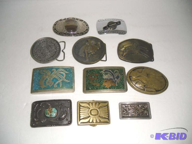lot 20004 image: Lot of 11 Mens Belt Buckles Western Style Mexico Mayan Brass Silver
