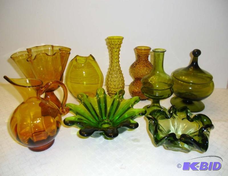 lot 20005 image: Vintage Lot Amber and Green Glass Vases Bowls Jars Pitcher Indiana Viking Mid-Century