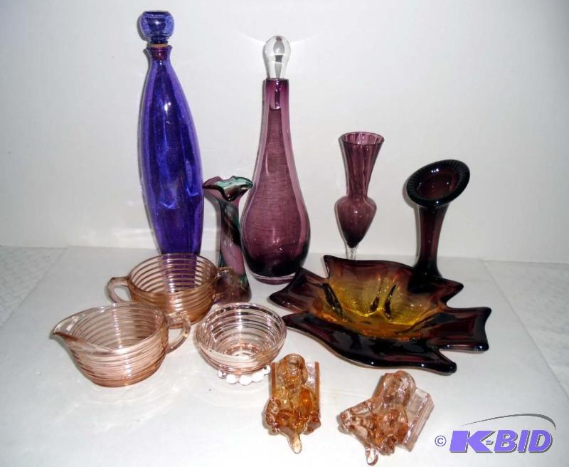 lot 20006 image: Assorted Lot Vintage Purple & Pink Glassware Decanter Swirled Cream & Sugar Figural Toothpick Holder