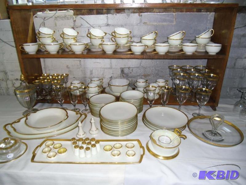 lot 20016 image: Mixed lot of Gold & White Dishware & Gold Trim Glassware Lenox Beleek