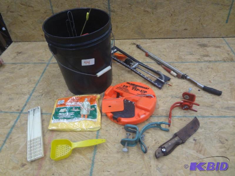Bucket Full Of Various Ice Fishing Supplies...