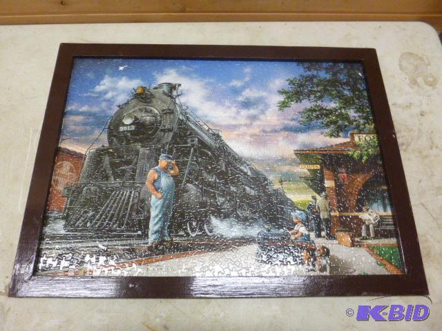 lot 181 image: Train Puzzle Picture Wood framed, has two sma...