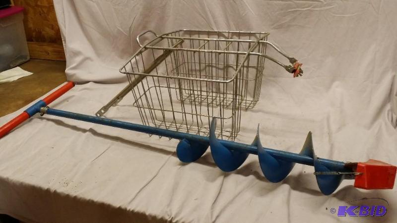 lot 8 image: Vintage ice auger and bicycle basket....