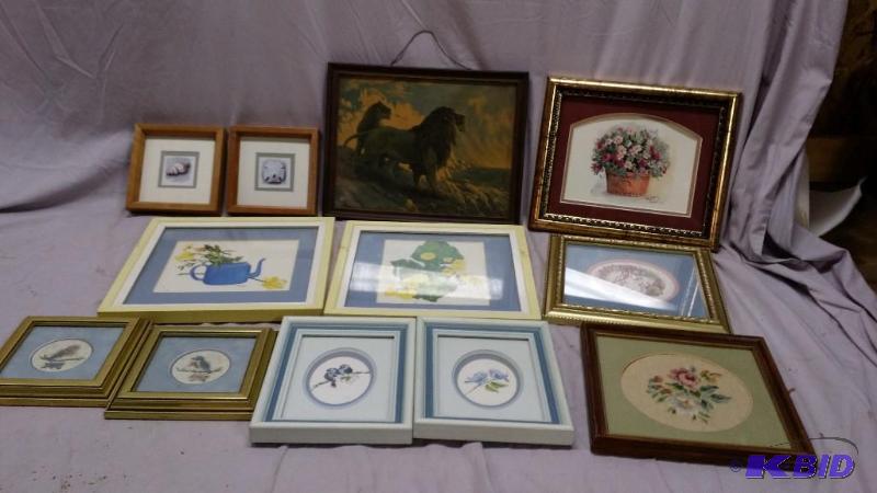 lot 9 image: 12 Framed items including tapestry, Lion pri...