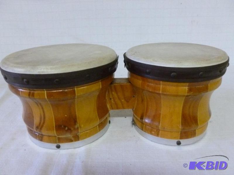 lot 95 image: Heavy duty wood bodied bongo drums, measures ...
