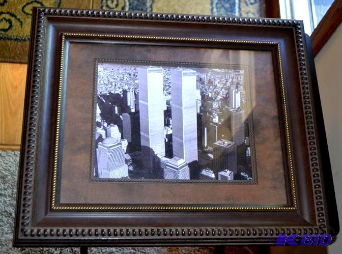 Brown framed and matted photo of NYC Twin Tow...