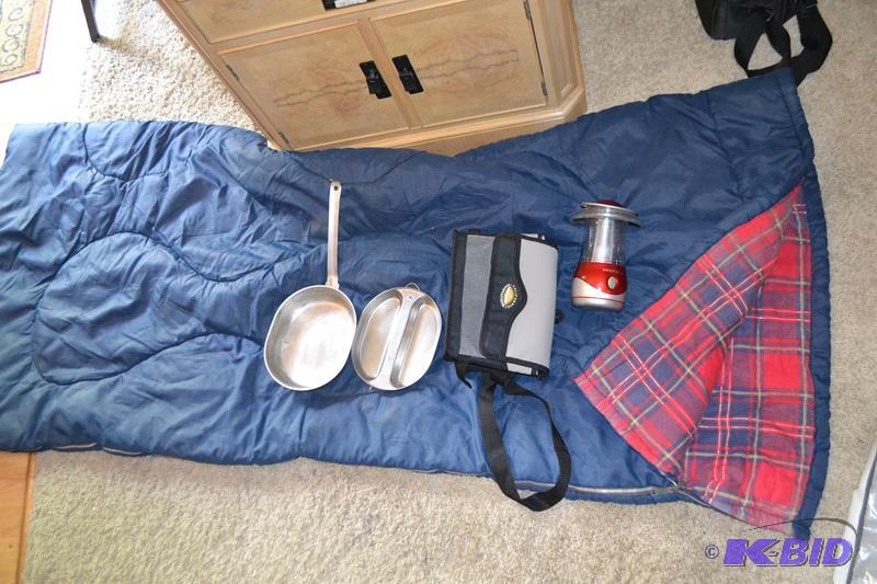 Camping equipment   sleeping bag,  cooking t...