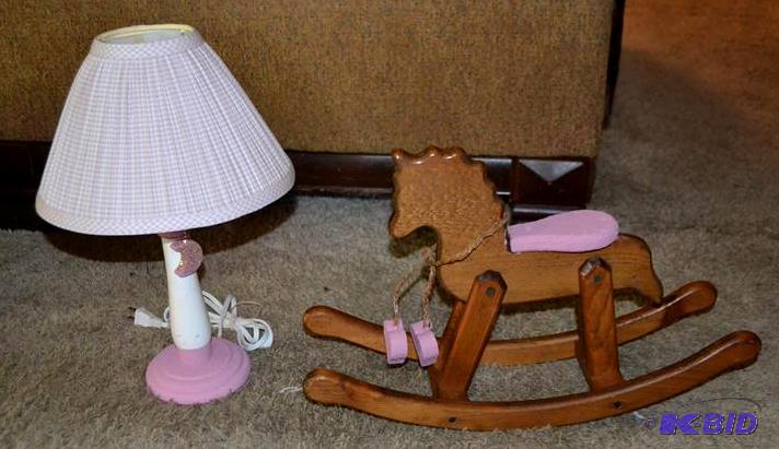 Pink Base Nursery lamp and wood rocking horse...