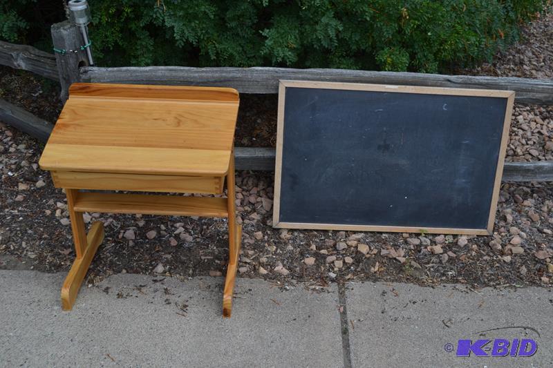 Wood childrens school desk, chalk board and ...