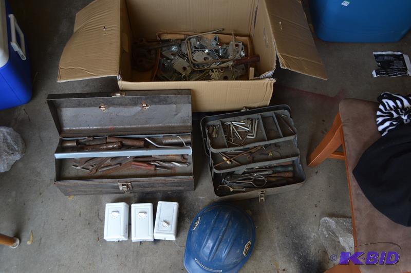 Cardboard box of electrical parts   2 metal ...