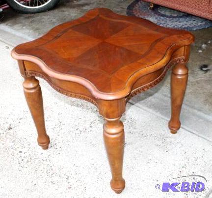 Wood end table, curved edges with inlaid top-...