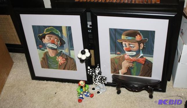 2 Clown figurines, two framed clown pictures ...