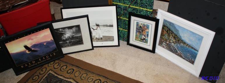 4 framed art pieces and 1 non-framed, includi...
