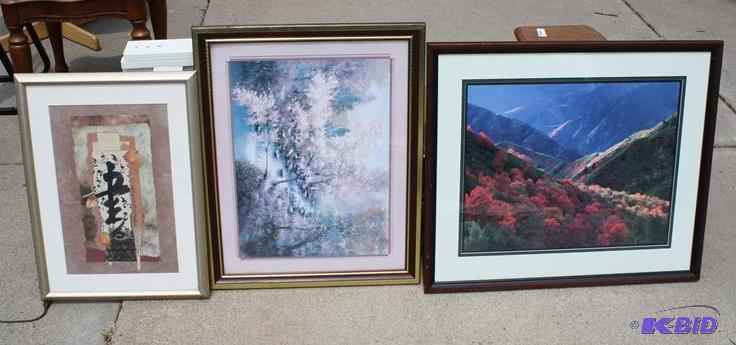 3 Framed artworks, oriental, pinkblue landsc...